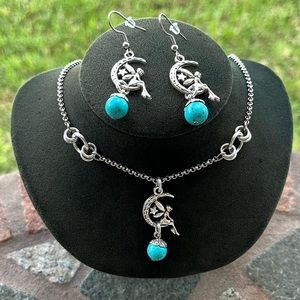Set ! Moon fairy star turquoise gemstones beads necklace + matching earrings